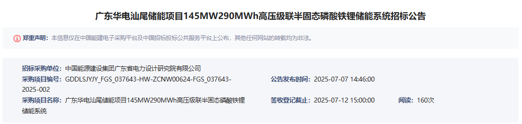 廣東華電汕尾儲能項(xiàng)目145MW290MWh高壓級聯(lián)半固態(tài)磷酸鐵鋰儲能系統(tǒng)