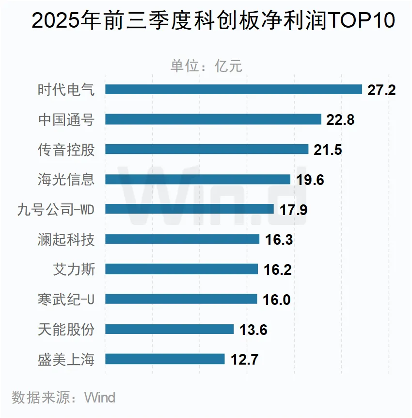 2025年前三季度科創(chuàng)板凈利潤TOP10