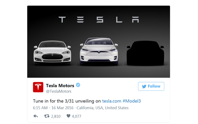 特斯拉3月31日發(fā)布廉價(jià)電動(dòng)車(chē)Model 3 賣(mài)22.8萬(wàn) 特斯拉3月31日發(fā)布廉價(jià)電動(dòng)車(chē)Model 3 賣(mài)22.8萬(wàn)