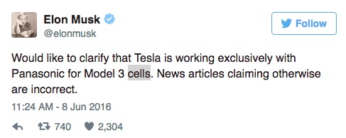 馬斯克否認(rèn)三星將為特斯拉Model 3供應(yīng)動(dòng)力電池