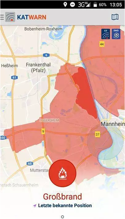 ▲手機警報系統(tǒng)Katwarn發(fā)出的警報