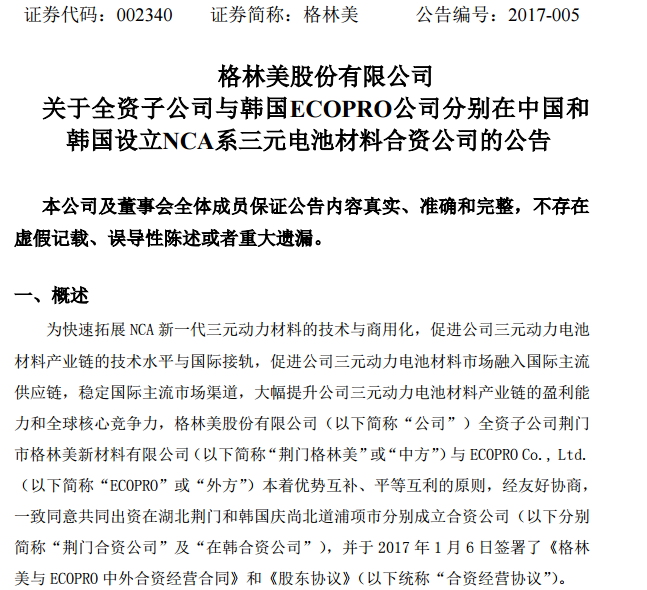 格林美:與韓企合資設立NCA三元動力材料前驅體材料公司 格林美:與韓企合資設立NCA三元動力材料前驅體材料公司