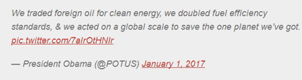 奧巴馬離職前最后一個元旦發(fā)推特，為任內(nèi)燃油經(jīng)濟性標準翻倍擺功