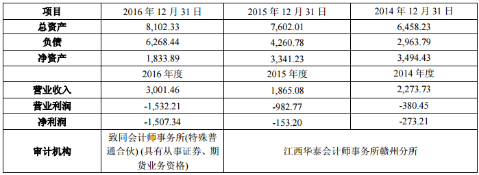 贛州豪鵬主要財務數據（單位：人民幣萬元）