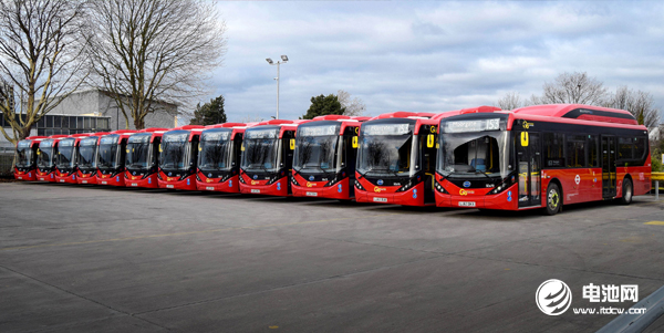 在倫敦153路公交線路運營的比亞迪純電動大巴車隊