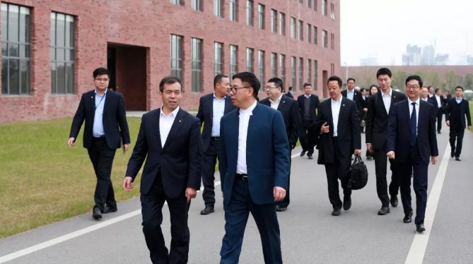 國(guó)軒高科董事長(zhǎng)李縝（前排右）陪同北汽集團(tuán)總經(jīng)理張夕勇（前排左）參觀國(guó)軒高科