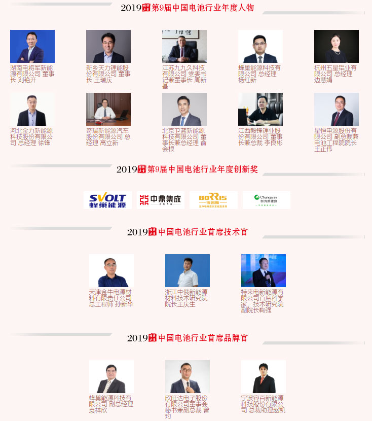 第9屆(2019年)中國電池行業(yè)年度人物/年度創(chuàng)新獎(jiǎng)/首席技術(shù)官/首席品牌官名單揭曉 第9屆(2019年)中國電池行業(yè)年度人物/年度創(chuàng)新獎(jiǎng)/首席技術(shù)官/首席品牌官名單揭曉