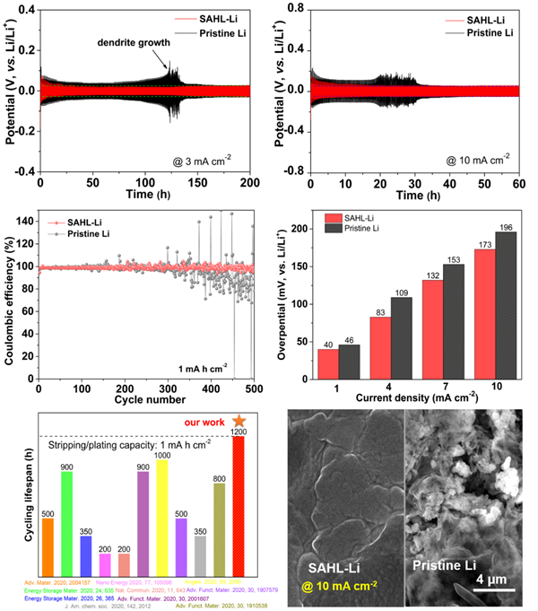 圖3.有序雙層SAHL SEI層修飾鋰金屬電極的電化學穩定性
