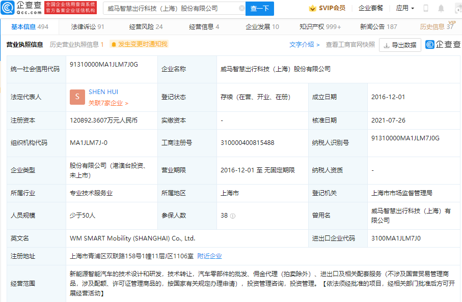 威馬汽車關聯公司注冊資本增至約12億 增幅超75%