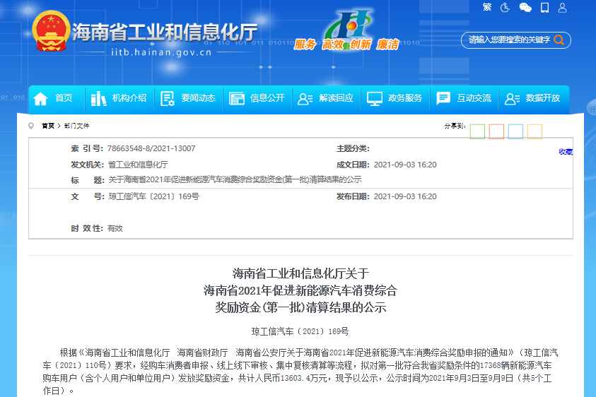 1.36億元！海南省工信廳公示2021年首批新能源汽車(chē)消費(fèi)綜合獎(jiǎng)勵(lì)資金
