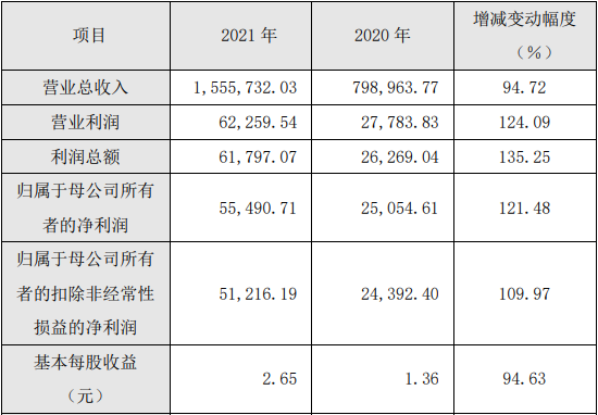 廈鎢新能2021年度主要財務(wù)數(shù)據(jù)和指標（單位/元）
