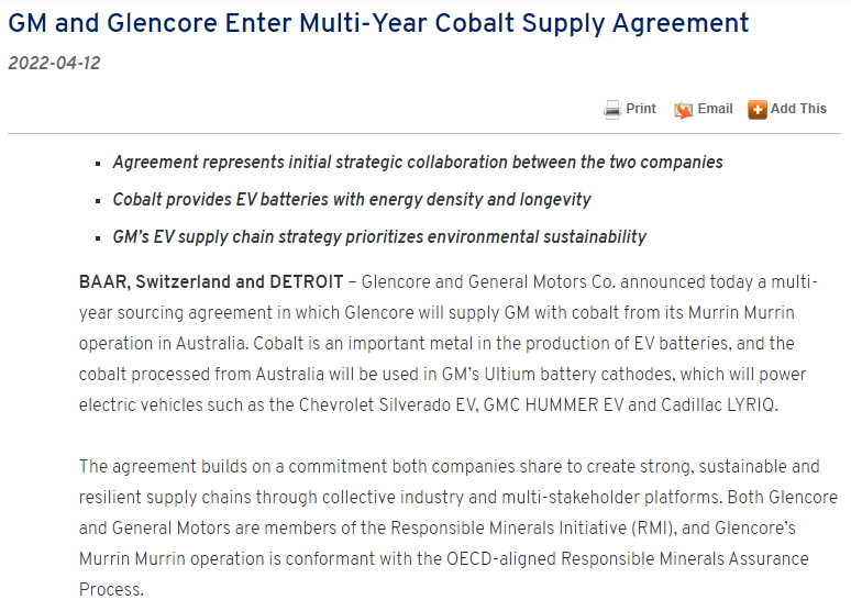 通用汽車(chē)與嘉能可達(dá)成金屬鈷長(zhǎng)期供應(yīng)協(xié)議
