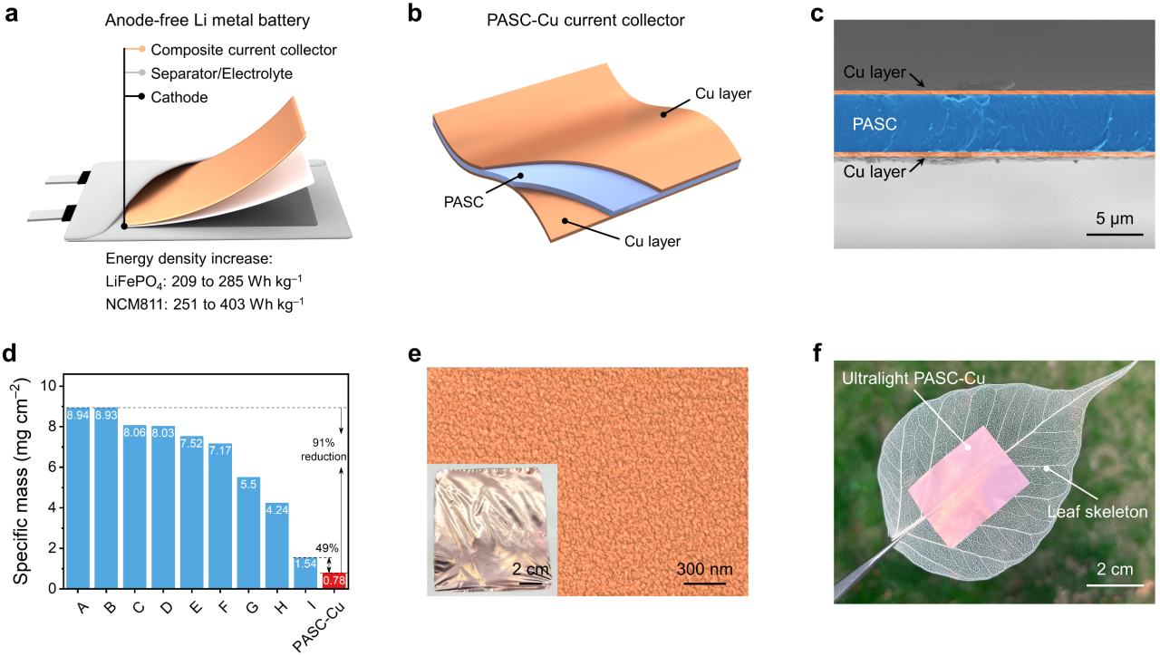 圖1. 超輕復合集流體實現(xiàn)高比能無負極鋰金屬電池 圖1. 超輕復合集流體實現(xiàn)高比能無負極鋰金屬電池