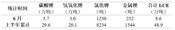 表 1 2024年6月及上半年我國鋰鹽產(chǎn)量 表 1 2024年6月及上半年我國鋰鹽產(chǎn)量