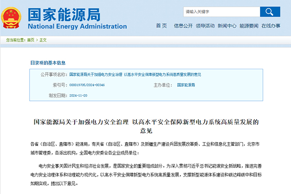 《關(guān)于加強(qiáng)電力安全治理 以高水平安全保障新型電力系統(tǒng)高質(zhì)量發(fā)展的意見》