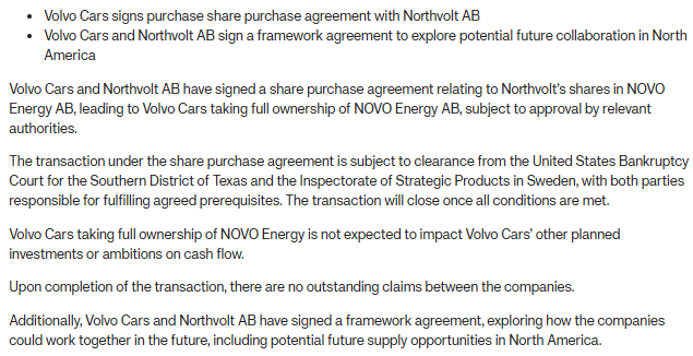 沃爾沃汽車將收購Northvolt在NOVO Energy中50%的股份 沃爾沃汽車將收購Northvolt在NOVO Energy中50%的股份